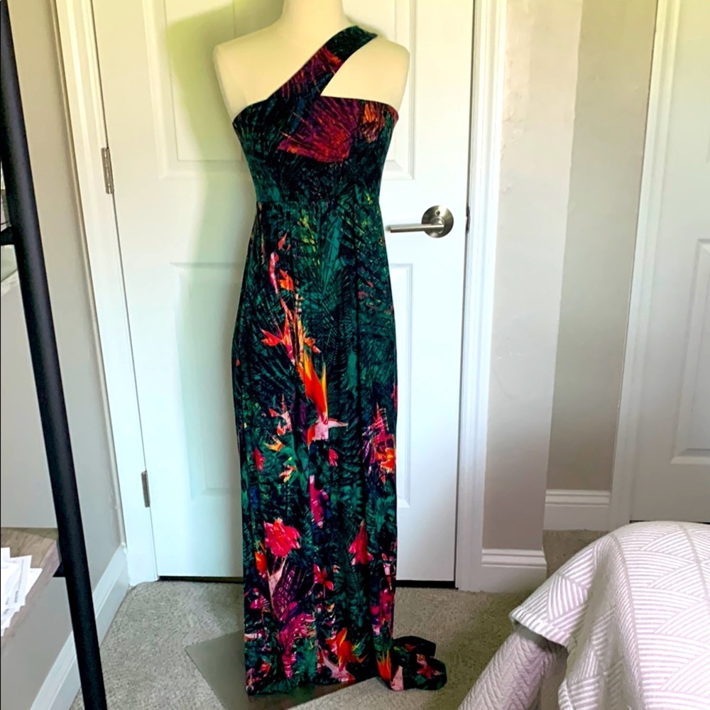Soma One-Shoulder Tropical Maxi Dress in Green with Bright Floral Accents